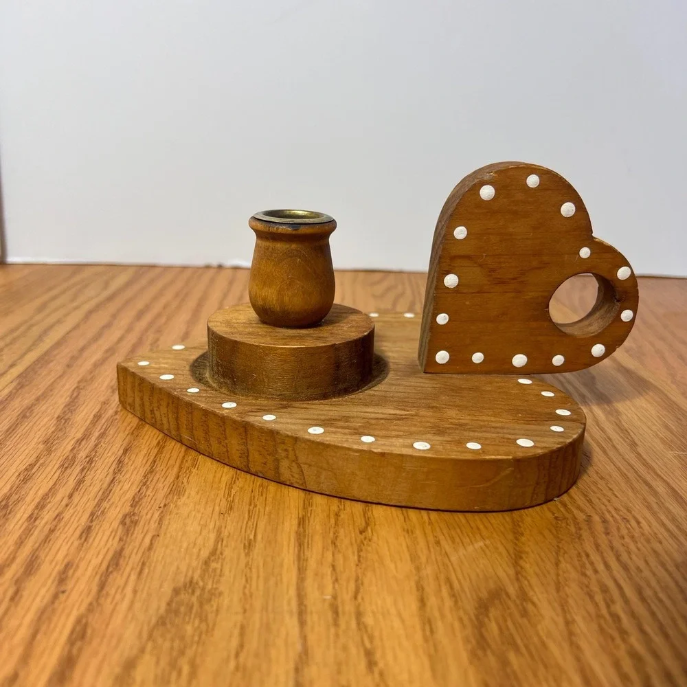 Vintage Wooden Heart Candle Holder Folk Art Polka Dot Wood Candlestick cottage